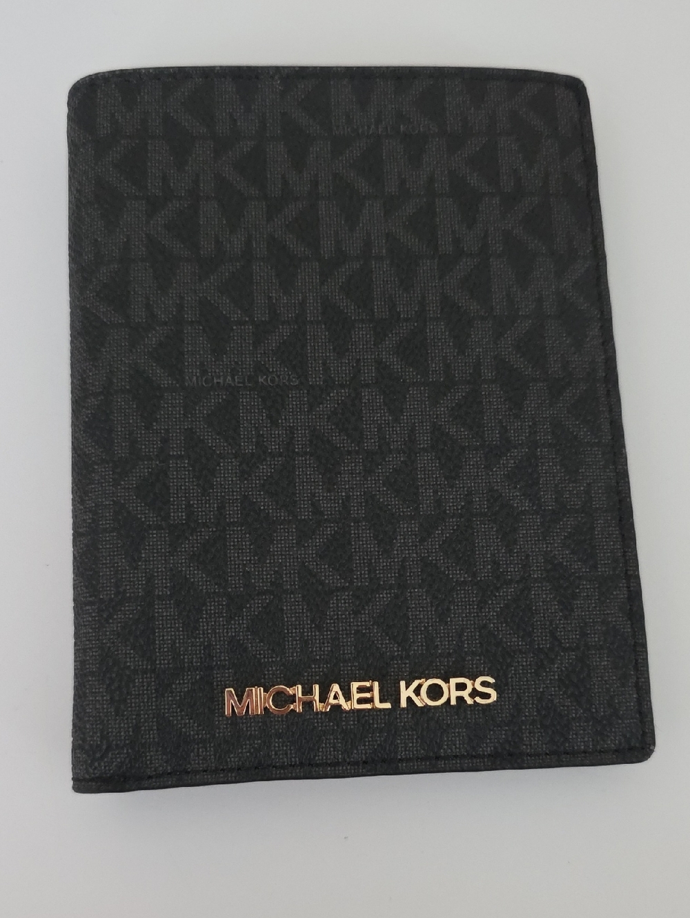 Michael Kors Black Monogram Passport Wallet with Gold Logo